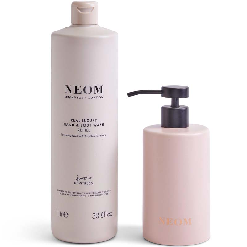 NEOM Organics Real Luxury Ceramic Hand Wash Dispenser &amp; Refill showing dispenser with refill 