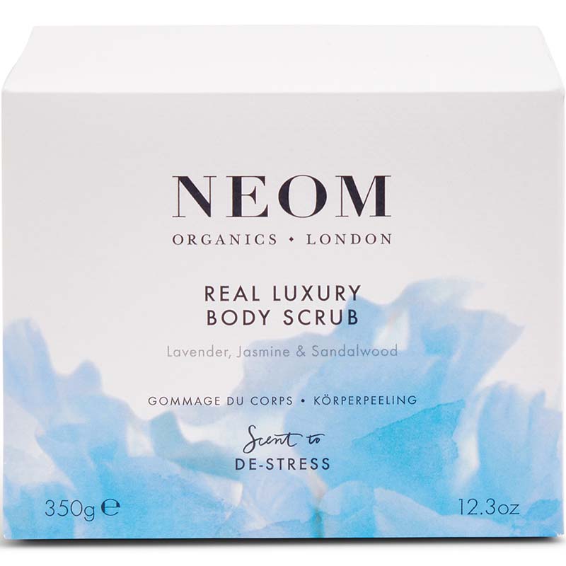 NEOM Organics Real Luxury Body Scrub showing blue packaging