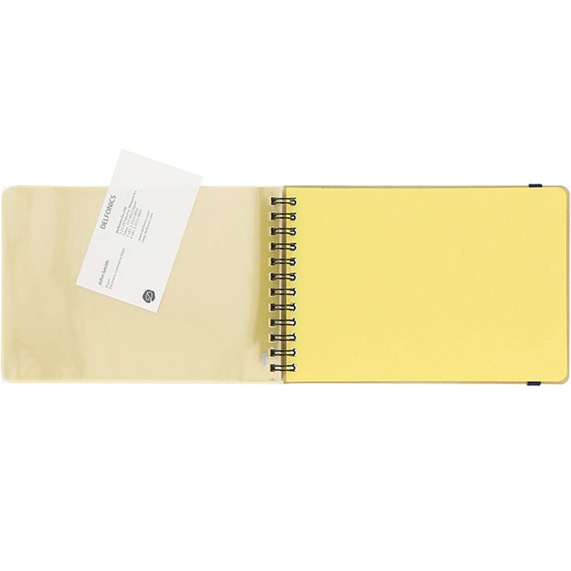 Delfonics Rollbahn Large Horizontal Spiral Notebook – White showing inside yellow pages 