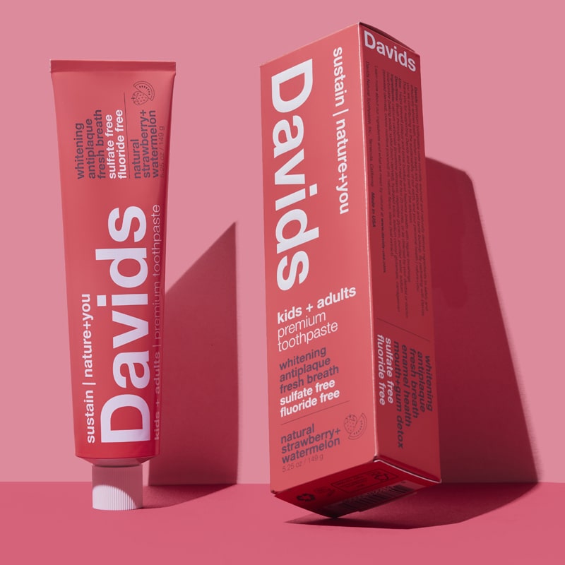 Davids Premium Toothpaste - Kids + Adults Strawberry Watermelon showing with packaging