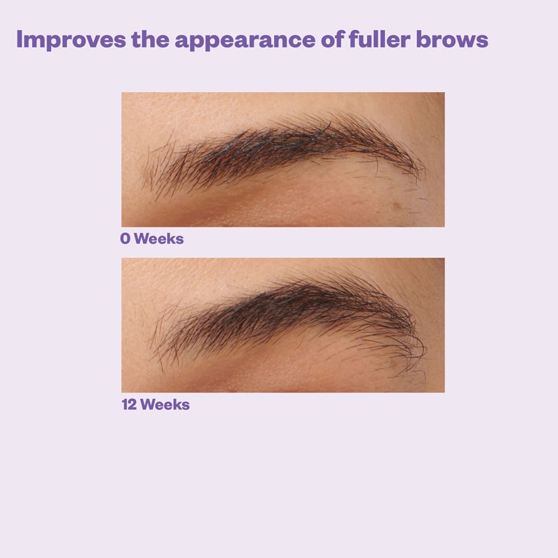 Kosas GrowPotion Fluffy Brow + Lash Boosting Serum showing before and after 12 weeks of use