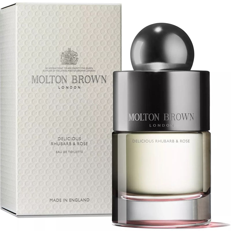 Molton Brown Delicious Rhubarb &amp; Rose Eau de Toilette showing with packaging 