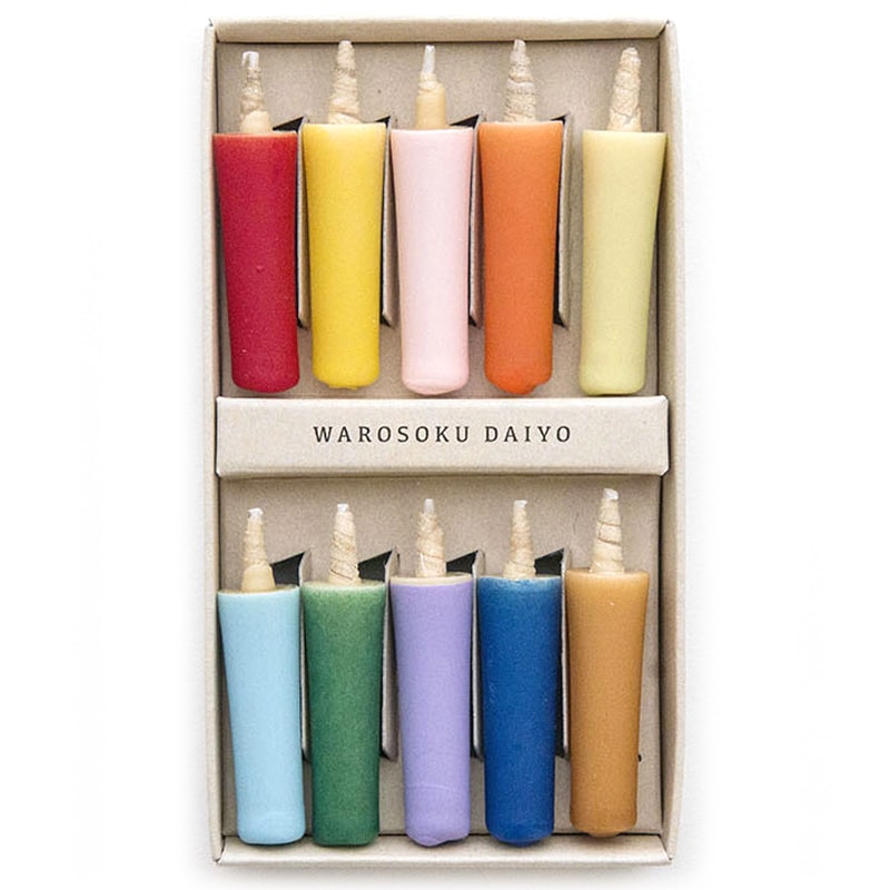 DAIYO Rice Wax Candles – Vivid Colors showing all ten colored candles