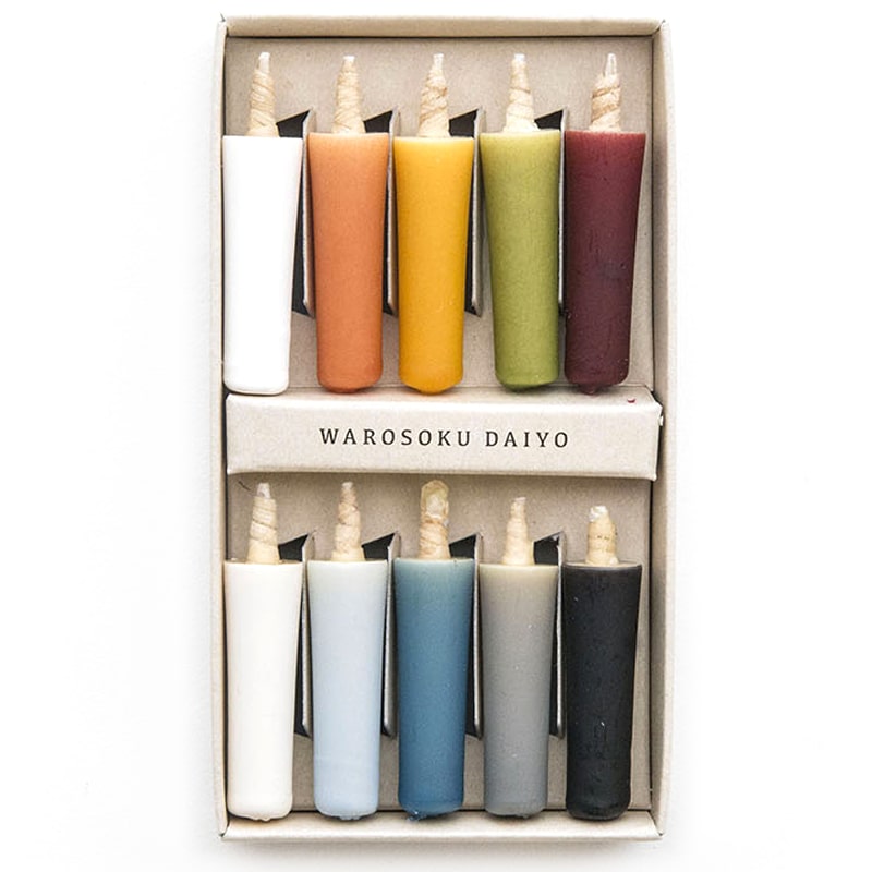 DAIYO Rice Wax Candles – Earth Colors showing 10 different colored earth colored candles
