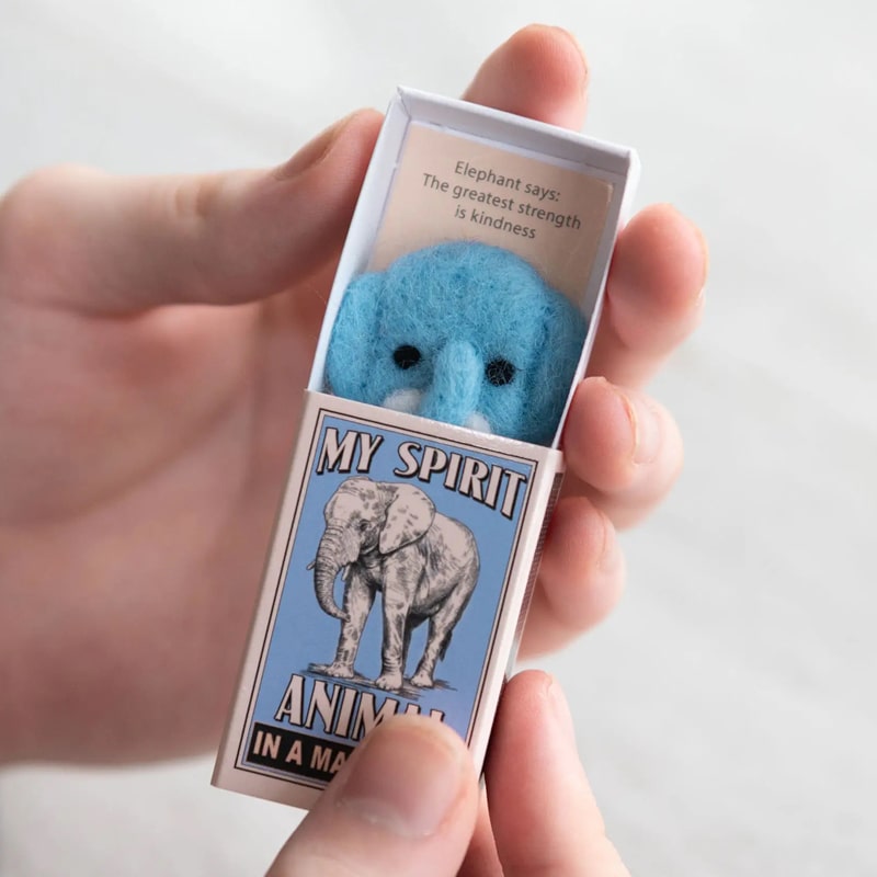 Marvling Bros Ltd Wool Felt Elephant Spirit Animal In A Matchbox showing open box in model&#39;s hands for size perspective