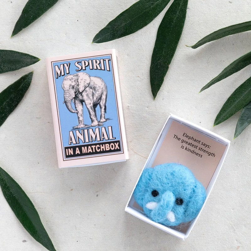Marvling Bros Ltd Wool Felt Elephant Spirit Animal In A Matchbox showing open box beauty shot