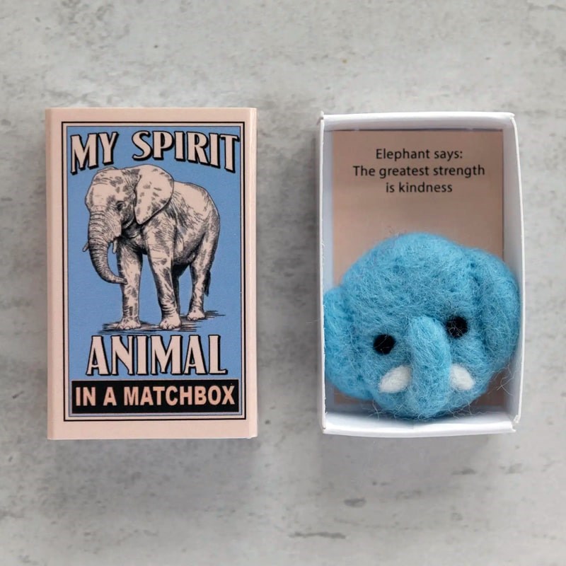 Marvling Bros Ltd Wool Felt Elephant Spirit Animal In A Matchbox showing open box