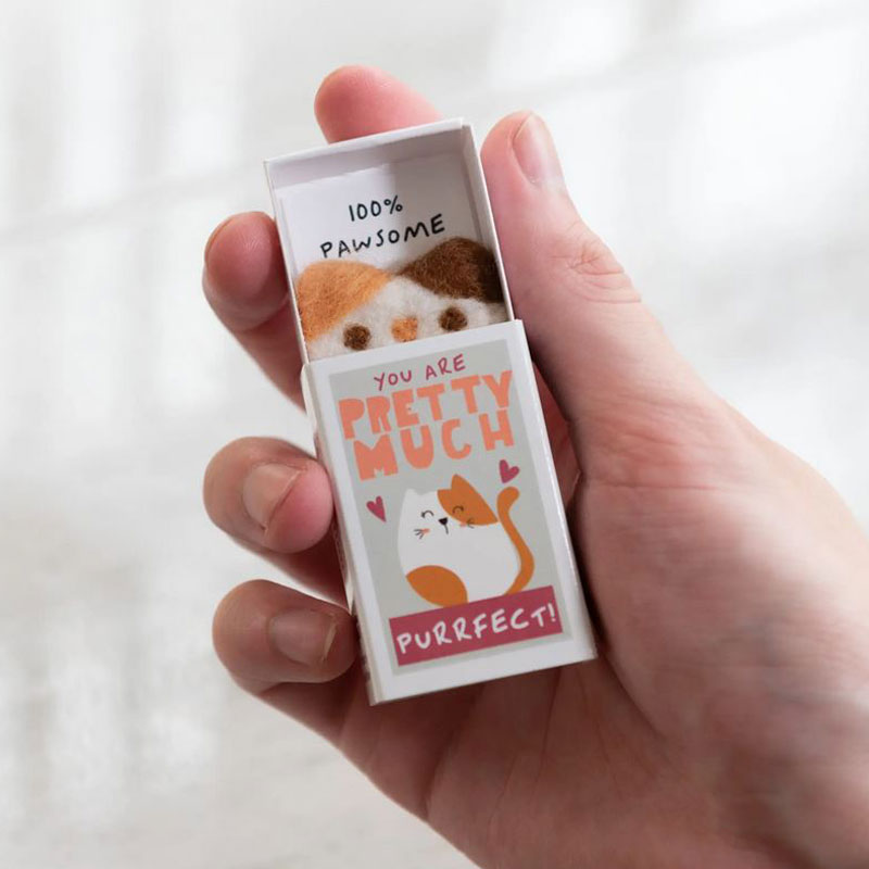 Marvling Bros Ltd You’re Purrfect Wool Felt Cat In A Matchbox shown open in model&#39;s hand