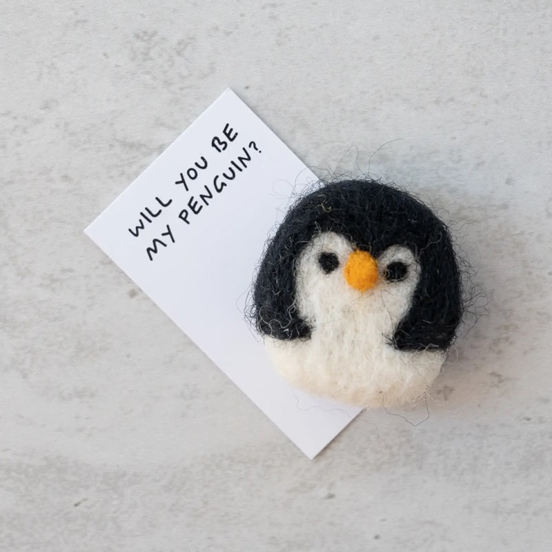 Marvling Bros Ltd You&#39;re Flippin&#39; Fantastic Wool Felt Penguin In A Matchbox showing included card and penguin