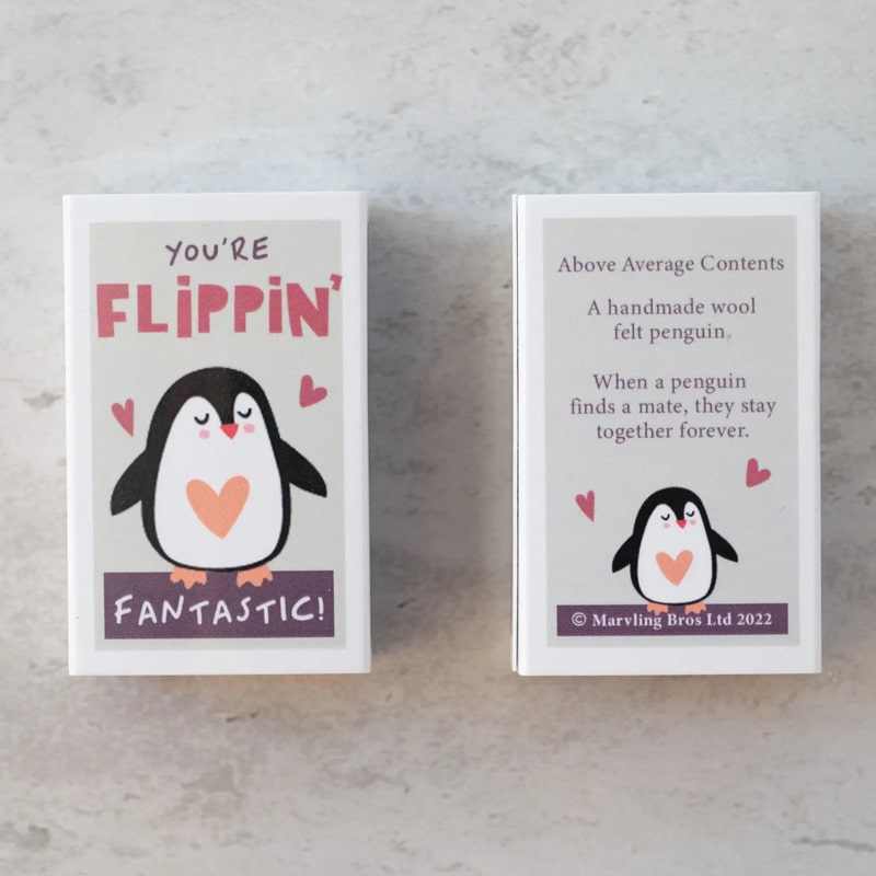 Marvling Bros Ltd You&#39;re Flippin&#39; Fantastic Wool Felt Penguin In A Matchbox showing front and back of matchbox