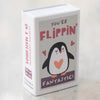 Marvling Bros Ltd You're Flippin' Fantastic Wool Felt Penguin In A Matchbox showing close-up of front of matchbox