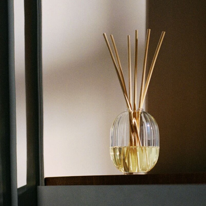 Diptyque 34 Boulevard Saint Germain Reed Diffuser mood shot of diffuser on a shelf with dramatic lighting