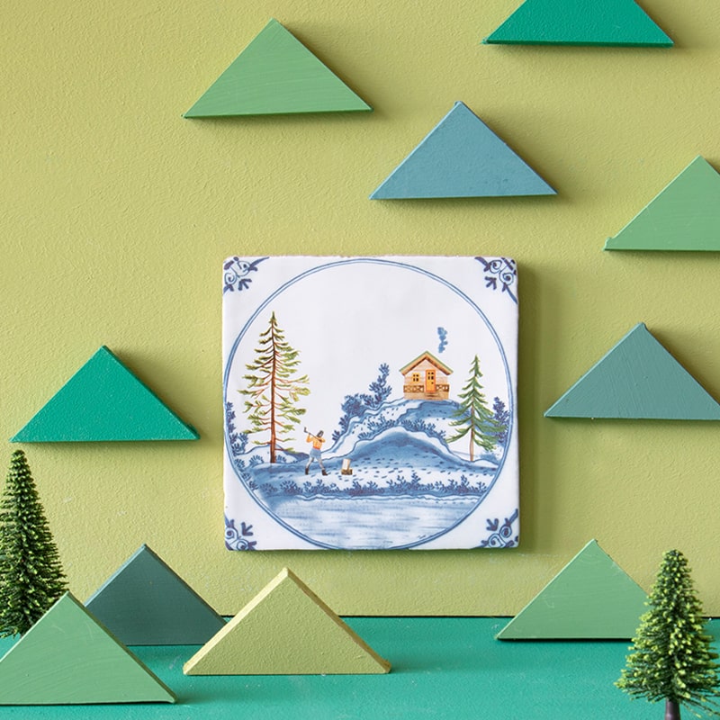 StoryTiles Small Tile – Cabin in the Woods lifestyle shot showing tile hung on wall