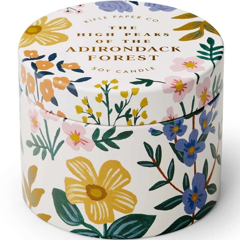 Rifle Paper Co. The High Peaks of the Adirondack Forest Candle Tin - Closeup of product