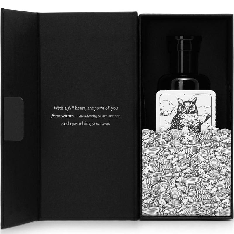 Argentum Apothecary L&#39;eau de Jouvence Soothing Silver Tonic Water - Product box shown open with owl card in front of product