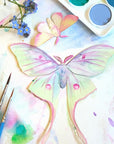 Moth & Myth North American Insect Watercolor Kit - Product displayed colored with paint brushes and water colors. 