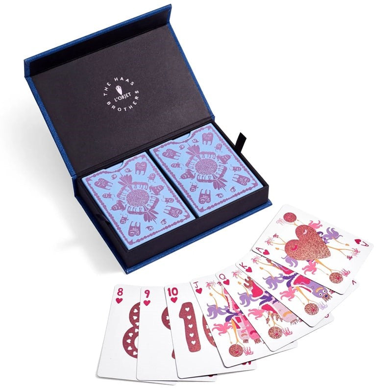 L'Objet Haas Playing Cards - Blue - Product shown open next to cards