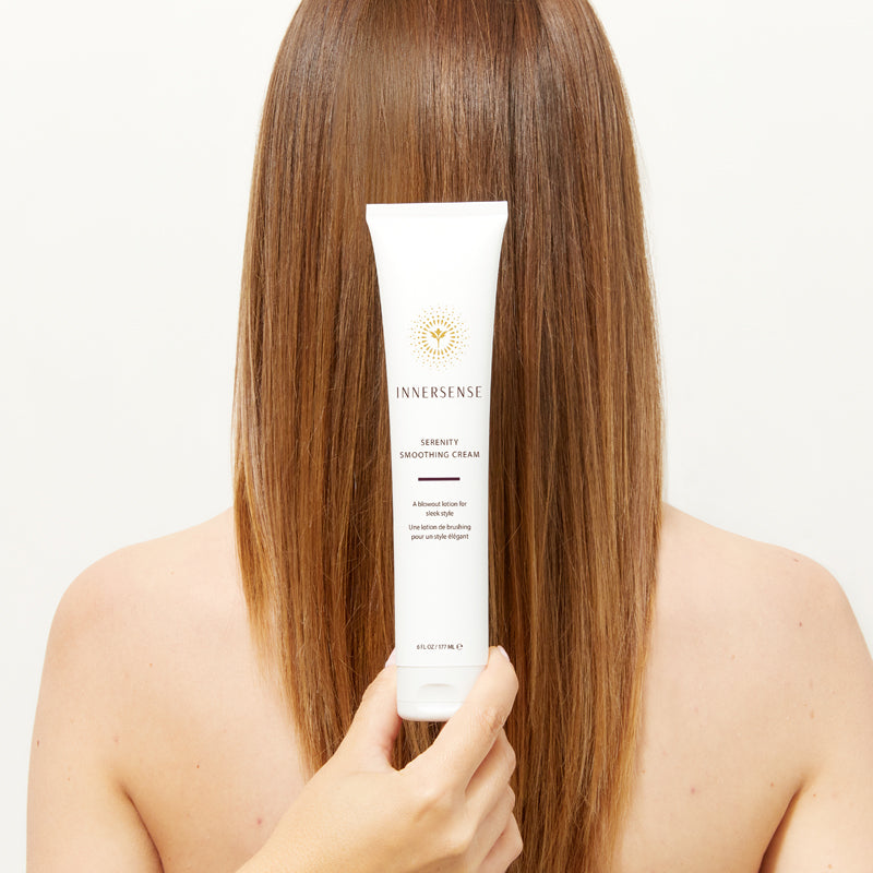 Innersense Organic Beauty Serenity Smoothing Cream - Product shown in front of models hair