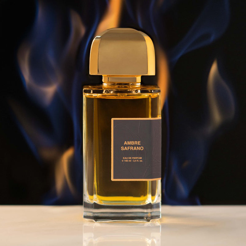 BDK Parfums Ambre Safrano Eau de Parfum - Beauty shot, product shown with flames in background