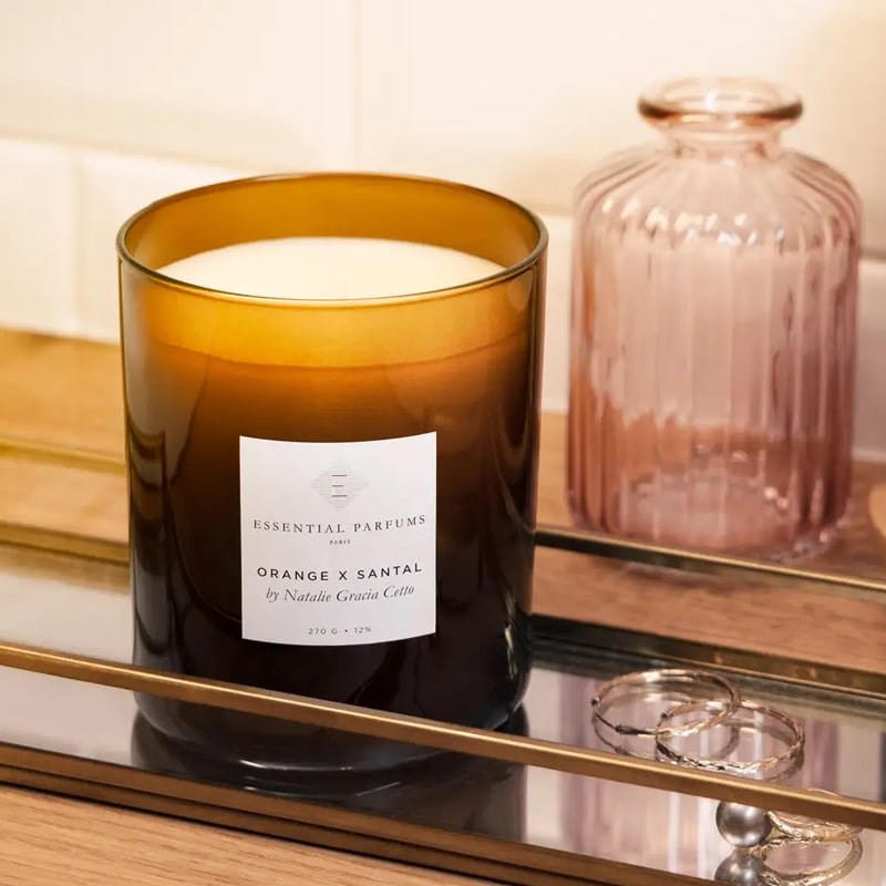Essential Parfums Orange X Santal Scented Candle - Product displayed on tray