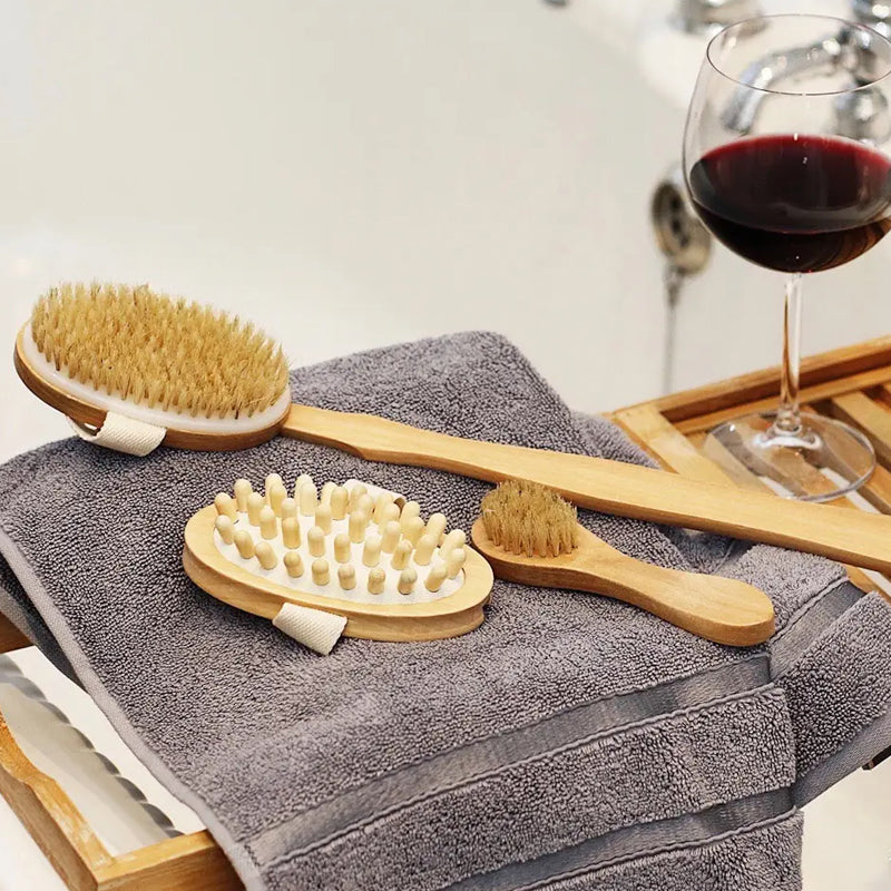 Sava Seasons Bamboo Body &amp; Face Dry Brushing Set - Products displayed on towel