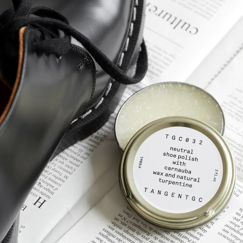 Tangent GC Shoe Polish - Neutral - Product displayed next to shoe