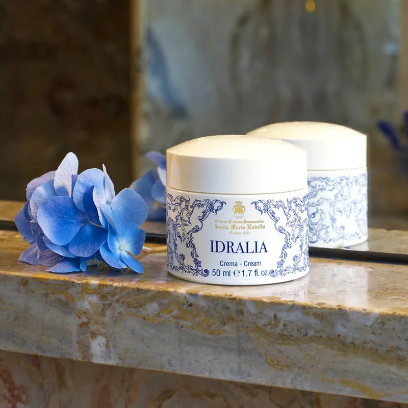 Santa Maria Novella Idralia Face Cream - Product displayed on marble counter. 