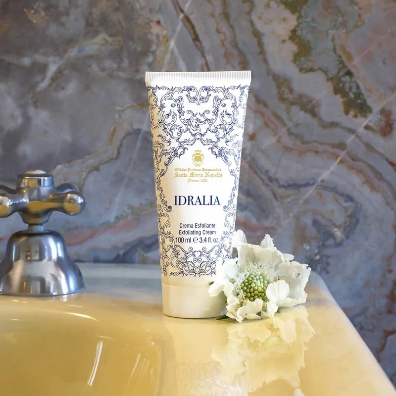 Santa Maria Novella Idralia Exfoliating Cream - Product displayed on bathroom sink