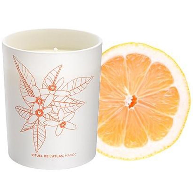 Cinq Mondes Phyto-Aromatic Candle of Atlas - Product displayed next to orange