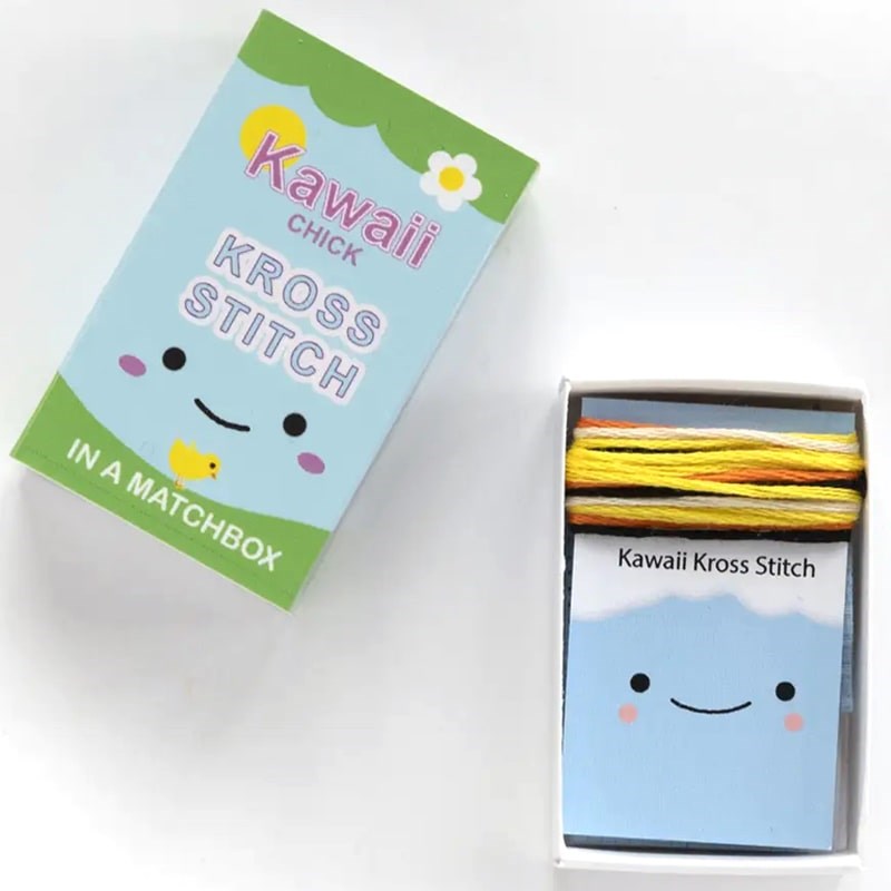 Marvling Bros Ltd Kawaii Chick Mini Cross Stitch Kit In A Matchbox - Product displayed with lid off