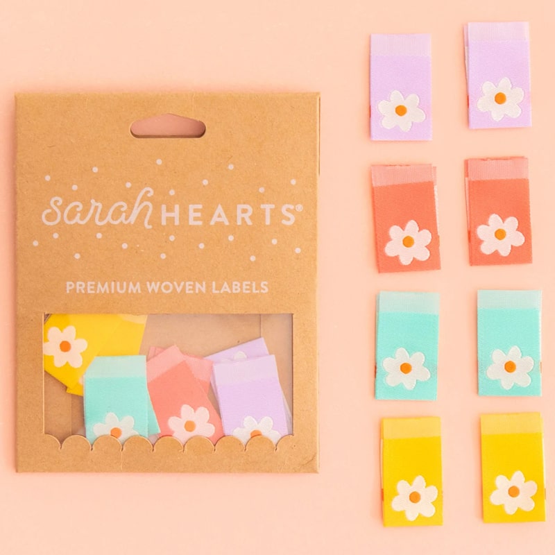 Sarah Hearts Sewing Woven Clothing Label Tags – Daisy Multipack - Product shown next to packaging