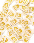 Sarah Hearts Gold Sewing Woven Clothing Label Tags – Made by me - Product displayed on table 
