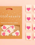 Sarah Hearts Sewing Woven Clothing Label Tags – Pink Heart - Product shown next to packaging