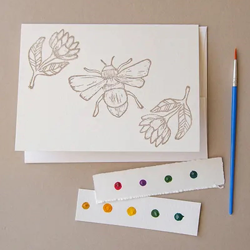 Ashes & Arbor Bees & Flowers Watercolor Card Art Kit - Paintbrush shown next to product
