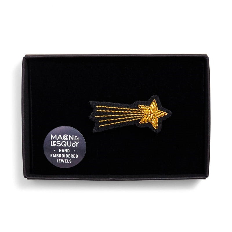 Macon & Lesquoy Hand Embroidered Shooting Star Pin - Product shown in box