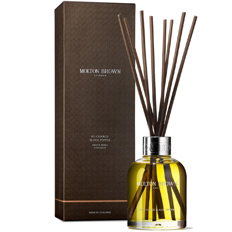 Molton Brown Re-Charge Black Pepper Aroma Reeds Diffuser - Product displayed next to box
