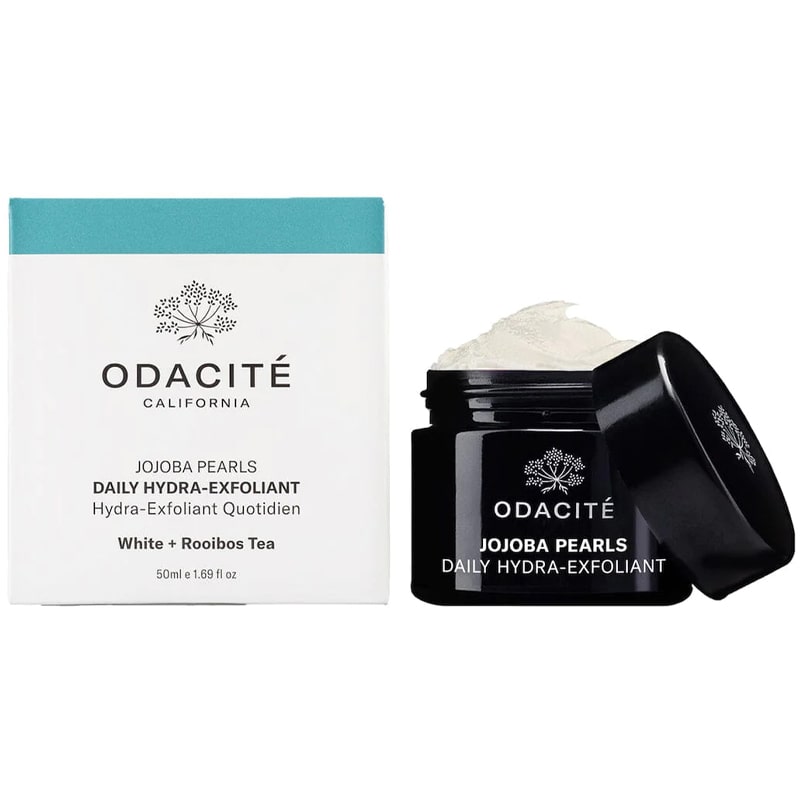 Odacite Jojoba Pearls Daily Hydra-Exfoliant shown with lid next to jar and box (50 ml)