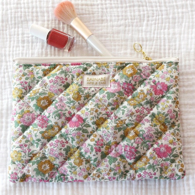 Barnabe Aime Le Cafe Liberty Quilted Toiletry Bag - Rosalie - Product shown with makeup brush and nail polish