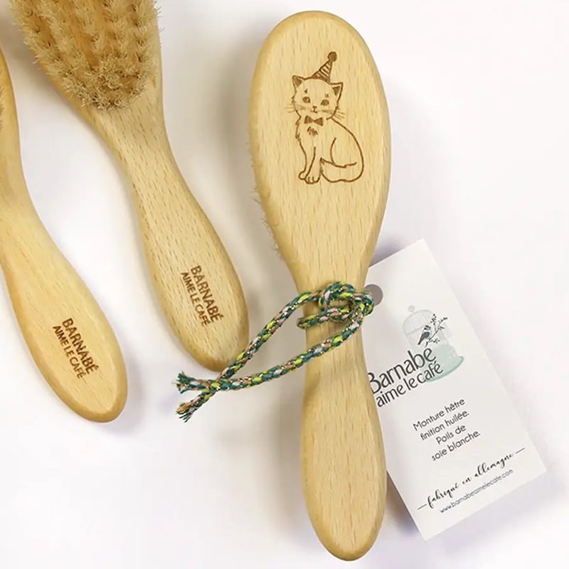 Barnabe Aime Le Cafe Wooden Baby Hair Brush – Cat - Product shown on white background