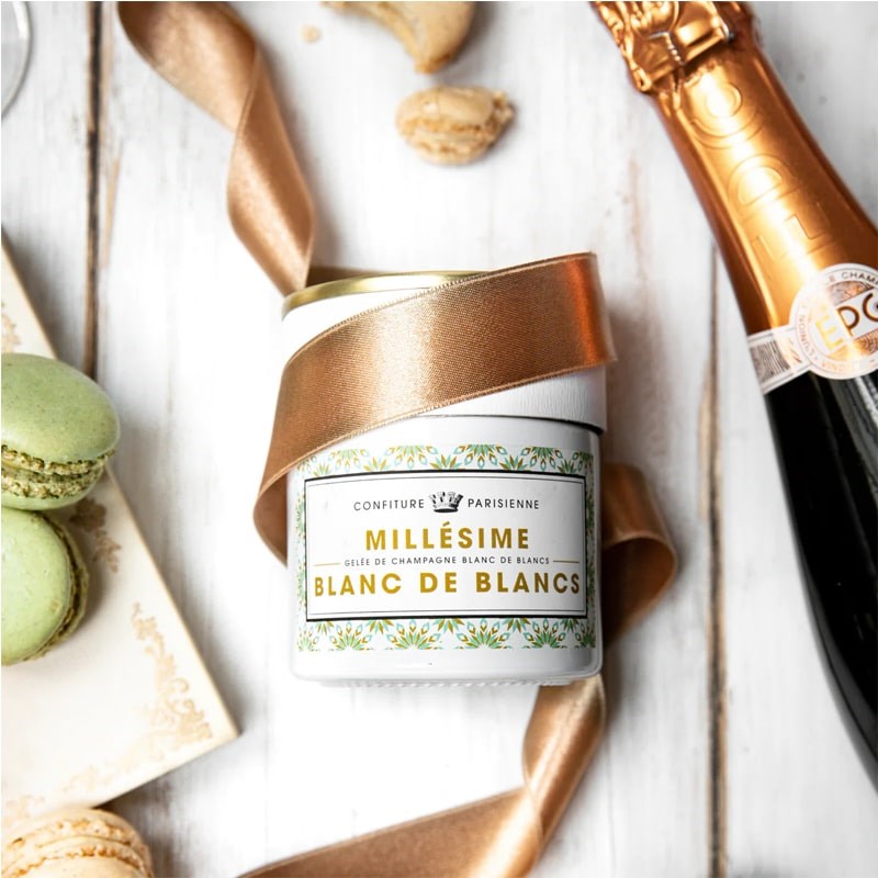Confiture Parisienne Vintage Blanc de Blancs Champagne Jelly - Product displayed on wood table with champagne