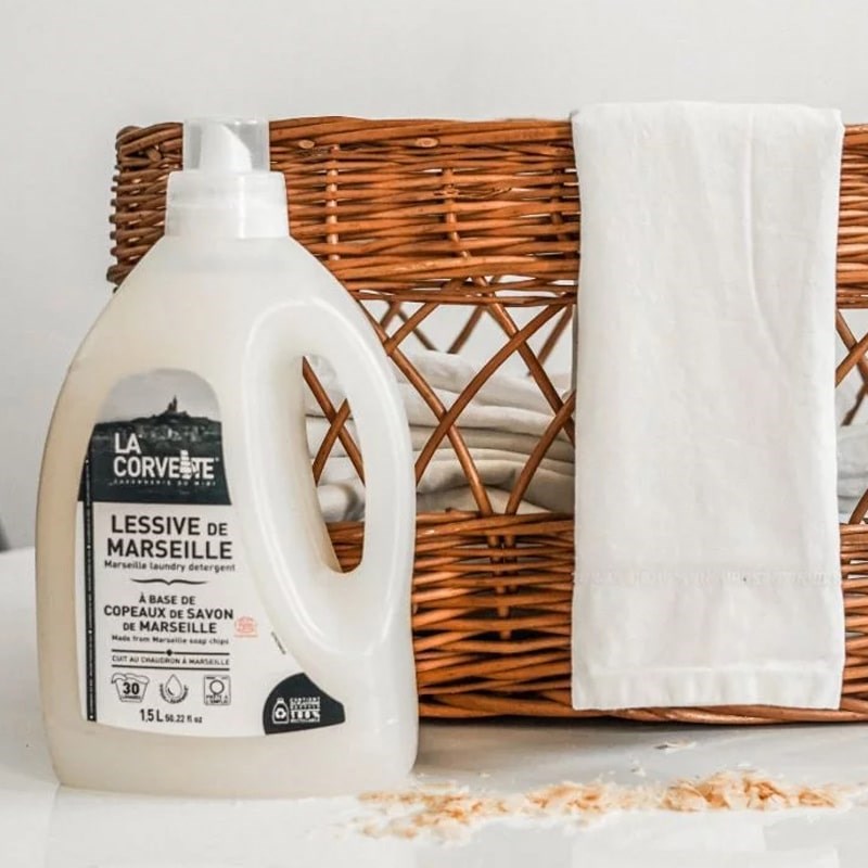 La Corvette Marseille Laundry Soap - lifestyle shot with basket and towel