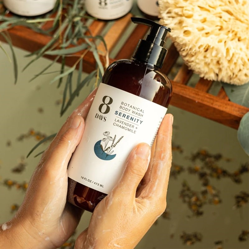 8 Days Botanicals Serenity Botanical Body Wash - Product shown in models hand