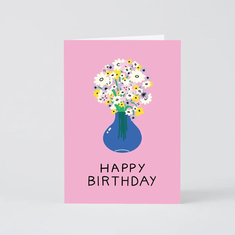 Wrap Birthday Flowers in Vase Greeting Card - Front of product shown