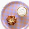BLU KAT Round Checker Serving Tray - Lilac/Peach - Coffee and pastry displayed on tray