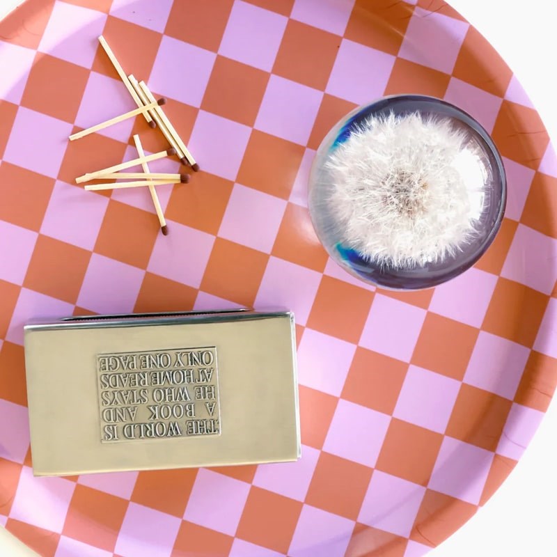 BLU KAT Round Checker Serving Tray - Orange/Pink - Tray sown with matches and decorations on top