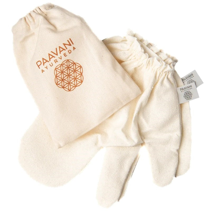 PAAVANI Ayurveda Garshana Gloves – Small/Medium - Product displayed next to bag