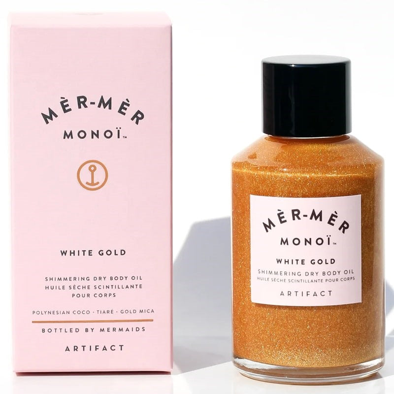 Artifact Mer-Mer Monoi White Gold Shimmering Dry Body Oil - Product shown next to box