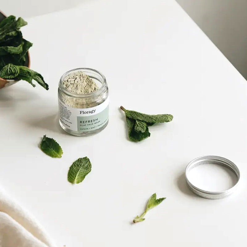Floragy Refresh – Matcha + Mint Clay Mask - Overhead shot of product with lid off