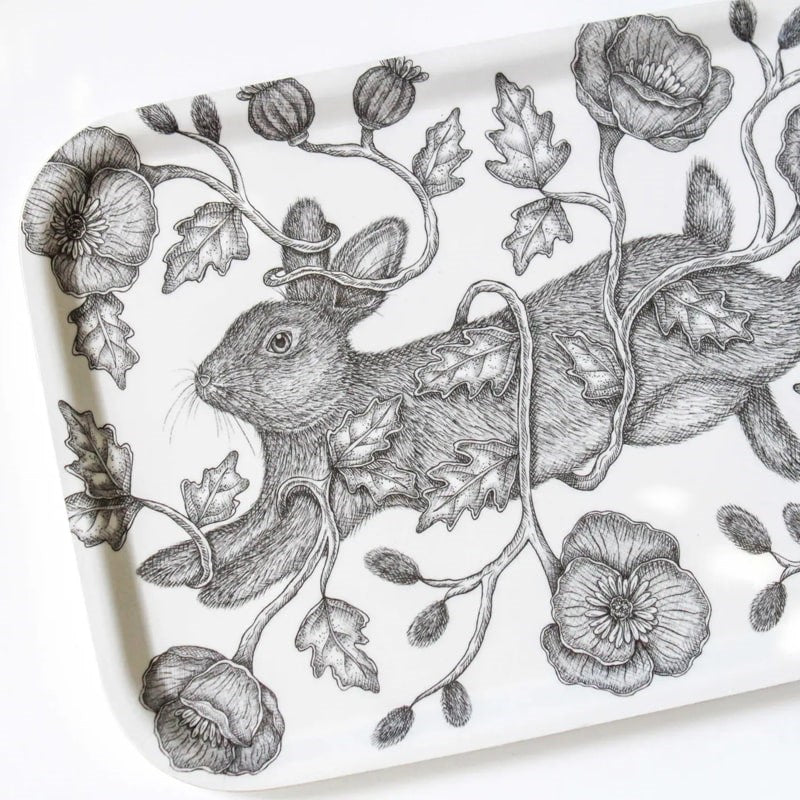 Mackenzie Myrick Studio Through the Poppies Rabbit Birch Tray - Closeup of product design