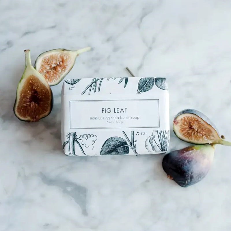 Formulary 55 Fig Leaf Bath Bar - Packaged soap bar with figs on marble table